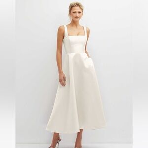 Dessy collection 	
3140 - Square Neck Satin Midi Dress with Full Skirt & Pockets